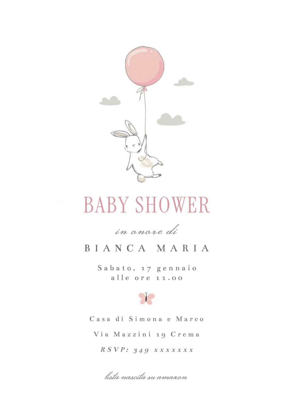 Invito baby shower con coniglio rosa