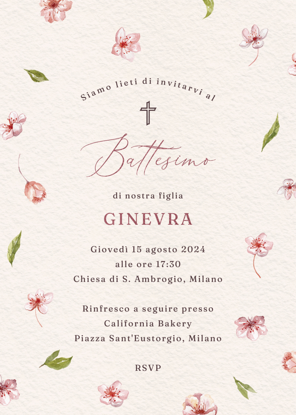 Invito dallo stile floreale per il battesimo di una bambina