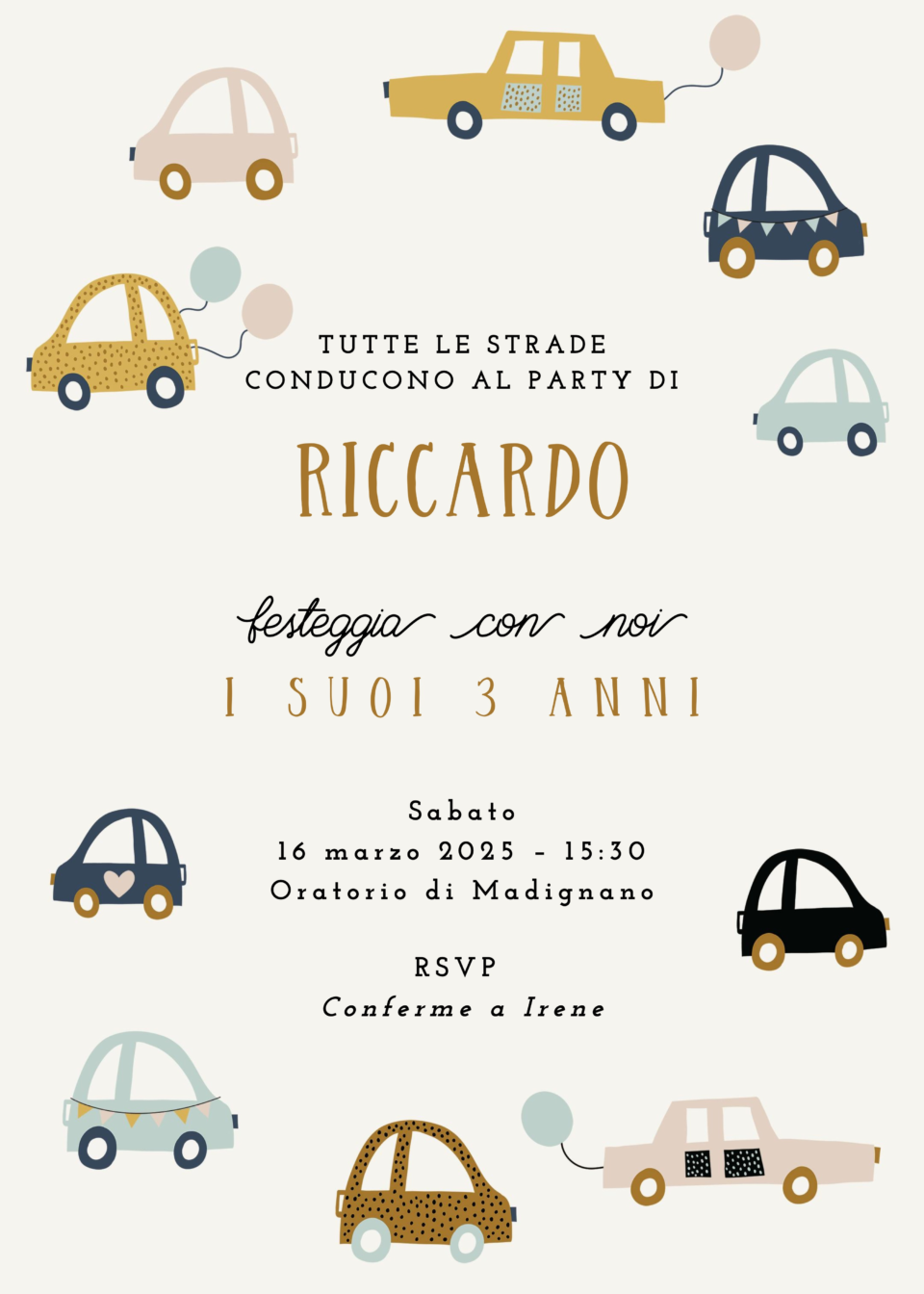 Invito per il terzo compleanno di un bambino con macchine